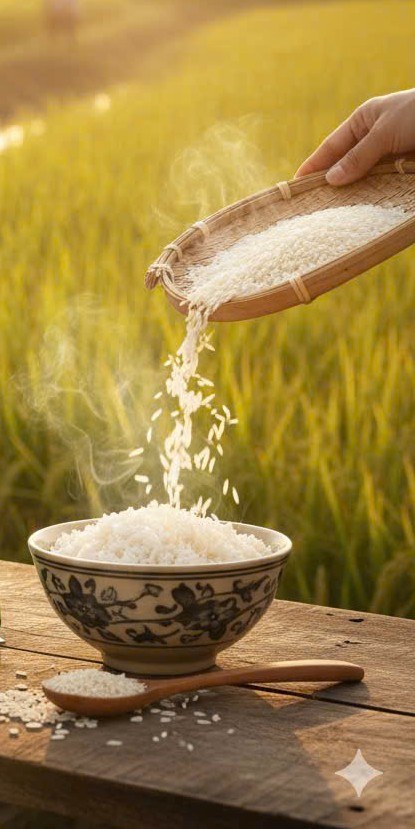Gạo lúa – tôm Gourmet Foods đổ vào bát trên nền cánh đồng lúa