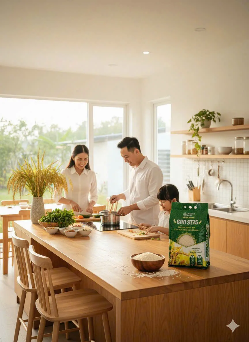 Gia đình cùng nấu ăn trong bếp với bao gạo ST25 Gourmet Foods trên bàn
