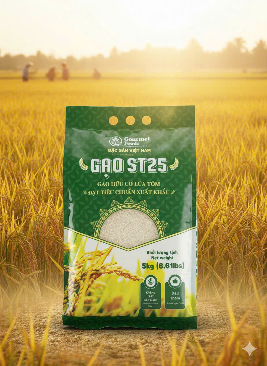 Bao gạo ST25 Gourmet Foods quy cách 5kg, mặt trước