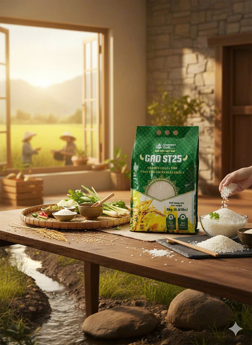 Bao gạo ST25 Gourmet Foods đặt trên bàn cùng mâm cơm quê, phía sau là nông dân trên đồng ruộng